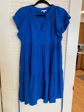 Calvin Klein Cobalt Blue Tiered Midi Dress with Flutter Sleeves